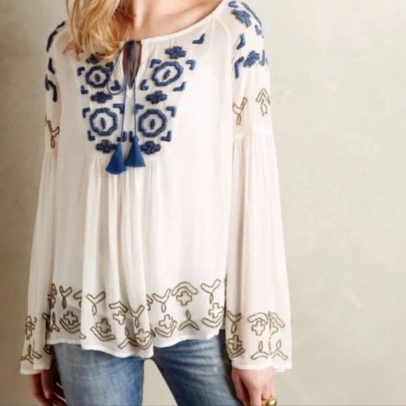 Anthropologie Tops - Anthropologie Diem Ivory Chiffon Embroidered Beaded Boho Flounce Peasant Top 6
